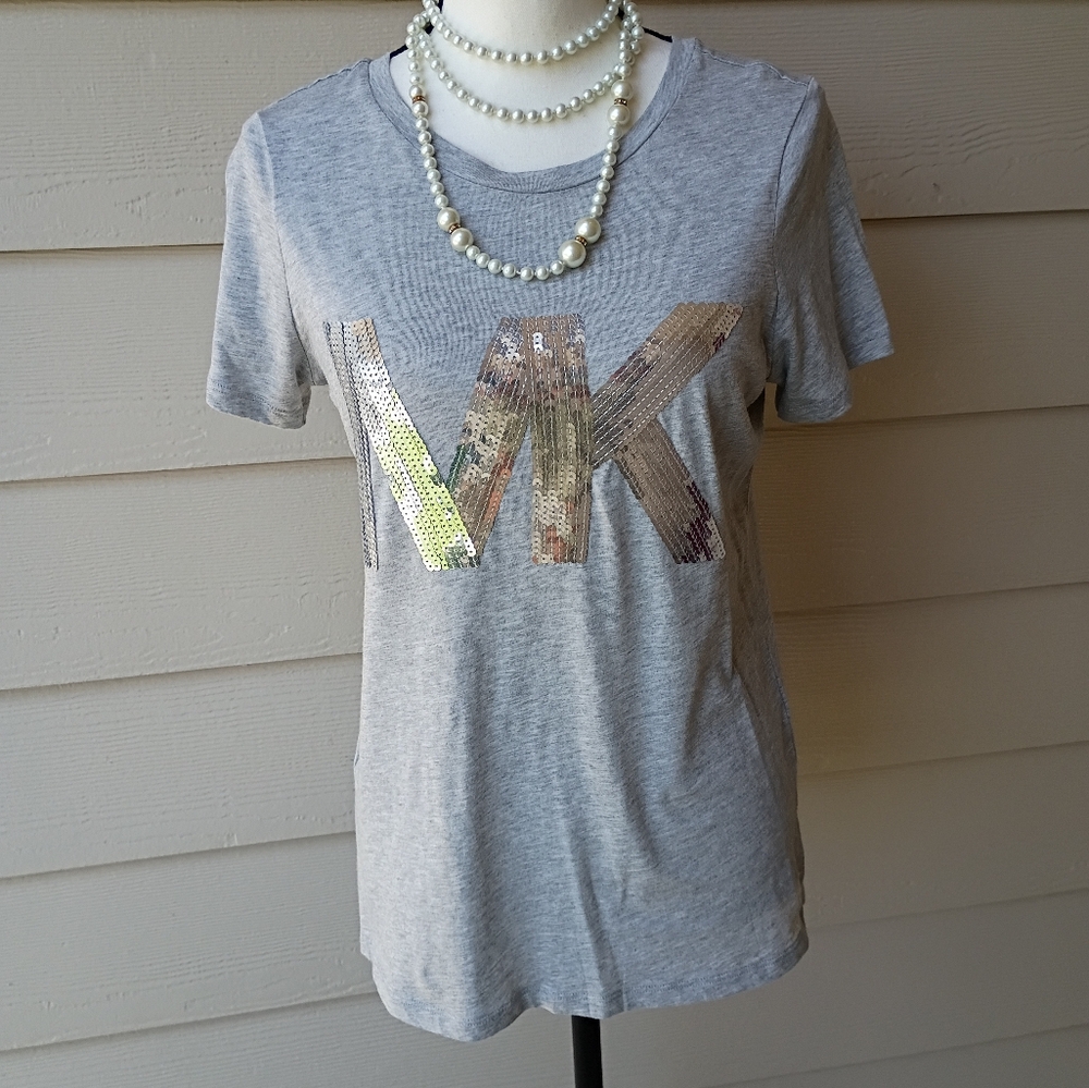 Michael Kors Gray Cotton Blend Silver Sequin Logo MK Shirt